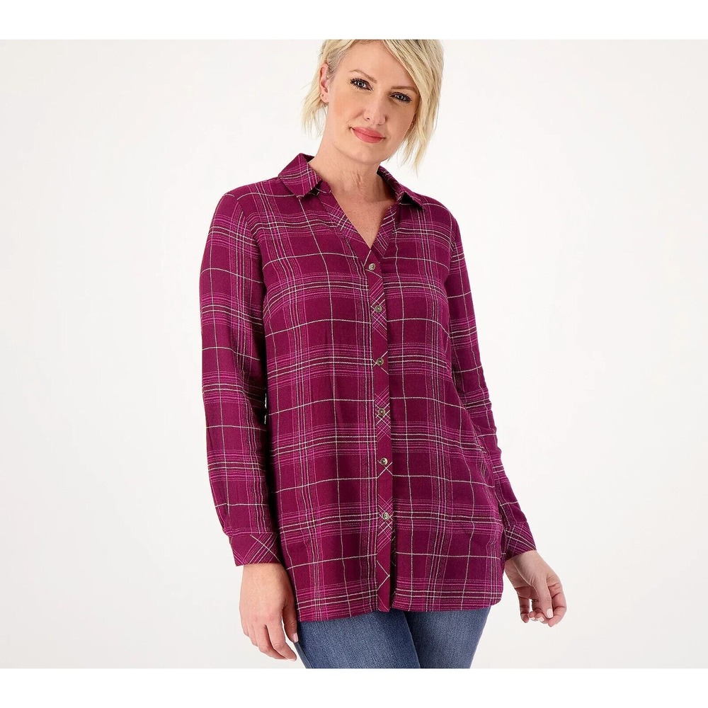 Susan Graver Weekend Regular Yarn Dyed Woven Button Front Burgundy Womens Size M